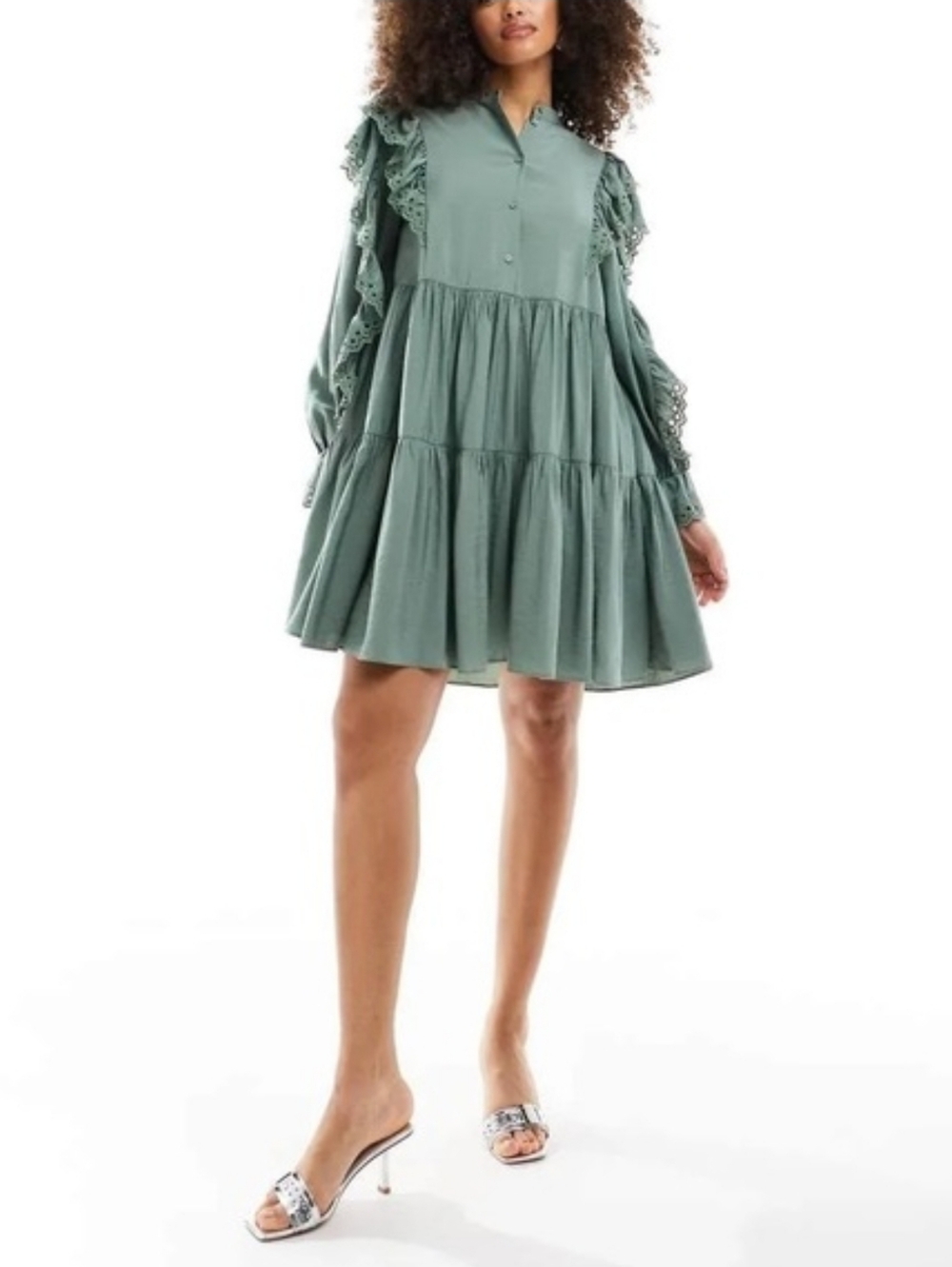 & Other Stories Sage Green Tiered Button-Front Dress with Lace Sleeves